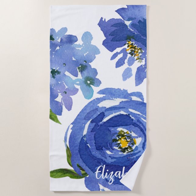 Toalha De Praia Azul-Floral Elegante Aquarela Personalizada (Frente)