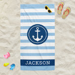 Toalha De Praia Azul Marinho de Nome Personalizado Náutico Striped<br><div class="desc">Design de toalha de praia personalizada apresenta um design náutico com âncora de barcos redondos e texto personalizado em caracteres simples e modernos de serifa que podem ser personalizados com um nome próprio. O design do círculo azul marinho e a estrutura de texto contrasta um fundo azul-cerulano e branco-claro-listrado com...</div>