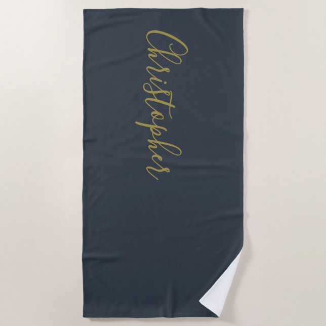 Toalha De Praia Azul Marinho Dourado Nome Personalizado Script Min (Frente)