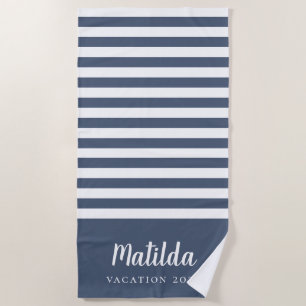Toalha De Praia azul marinho e branco personalizado verão