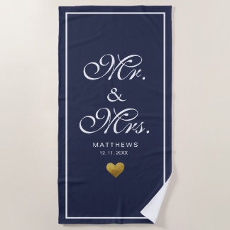 Toalha De Praia Azul naval personalizado dourado amor Coração sr e