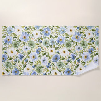 Toalha De Praia Azul Pastel e Floral Watercolor Verde Sage
