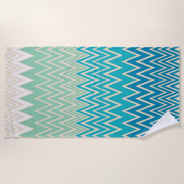 Toalha De Praia Azul Teal, Turquesa e Zigzags Verdes (Frente)