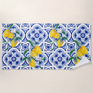 Toalha De Praia Azulejos portugueses, limões, frutas, arte de ver