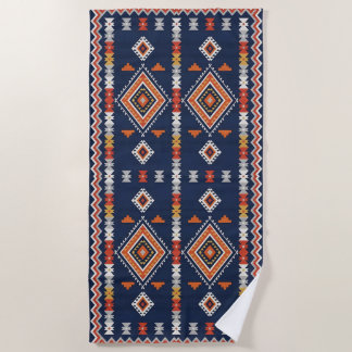 Toalha De Praia Azure Navy and Terracotta Geometric Tribal
