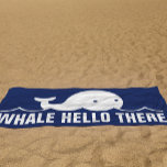 Toalha De Praia Baleia Engraçada Alô Ali Pun White Blue Beach Towl<br><div class="desc">Legal divertida design de trocadilhos dizendo Whale Hello Ali e com uma simples ilustração de uma baleia branca giríssima em uma toalha azul de praia marinho. Esta cor azul é personalizável e pode ser alterada para qualquer outra cor.</div>