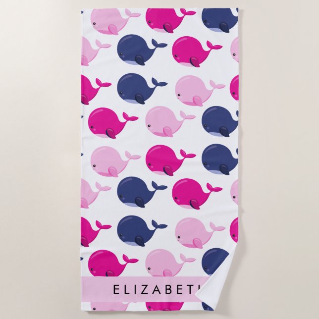 Toalha De Praia Baleias Cutas, Padrão De Baleias, Seu Nome (Frente)