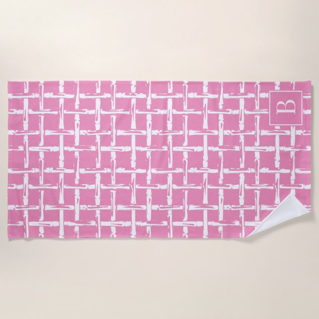 Toalha De Praia Bambu Préppy – Monograma Costeiro Rosa (Frente)