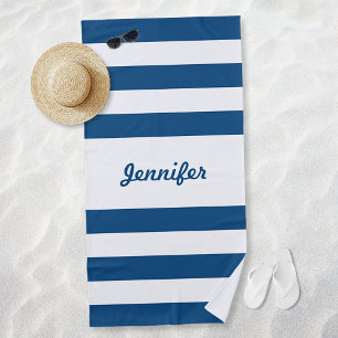 Toalha De Praia Bandas brancas e azuis-chic personalizadas