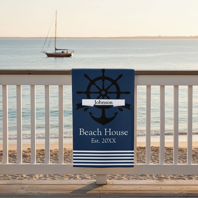 Toalha De Praia Bandas de faixa branca personalizadas e âncora (Criador carregado)