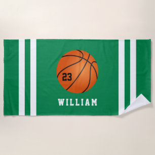 Toalha De Praia Bandas verdes de basquete de nome personalizado