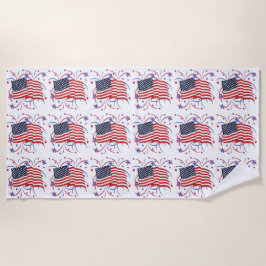 Toalha De Praia Bandeira Americana e Fireworks