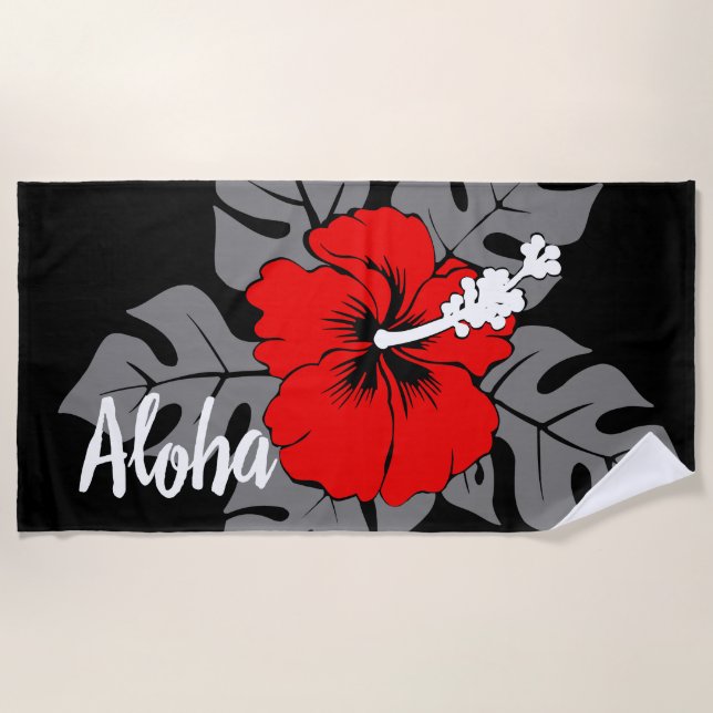 Toalha De Praia Banzai Beach Hawaiian Hibiscus Floral - Preto (Frente)