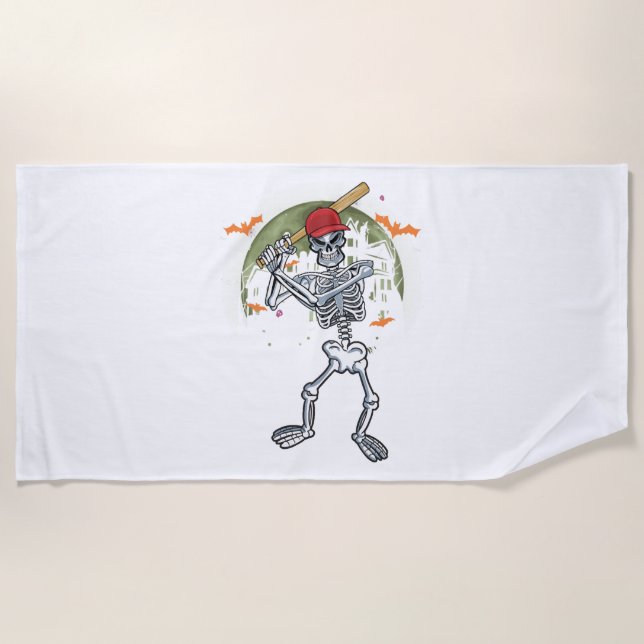 Toalha De Praia Baseball Skeleton Halloween Esporte Sob Lua (Frente)