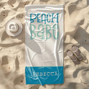 Toalha De Praia Beach Babe Funky Typografia Nome Teal White