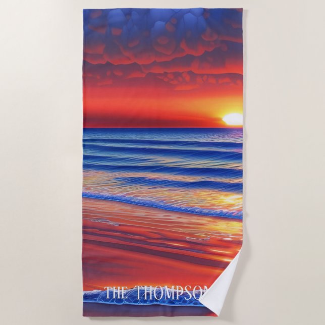 Toalha De Praia Beach Sunset com nome personalizado (Frente)