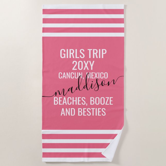 Toalha De Praia Beaches Booze Besties Girls Trip Pink Name (Frente)