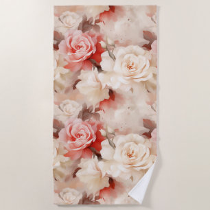 Toalha De Praia Belíssimo Rosa Bege Floral Creme