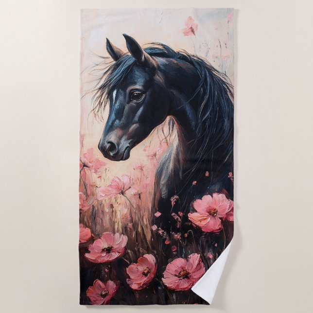 Toalha De Praia Belo Cavalo Blush Flores Rosa (Frente)