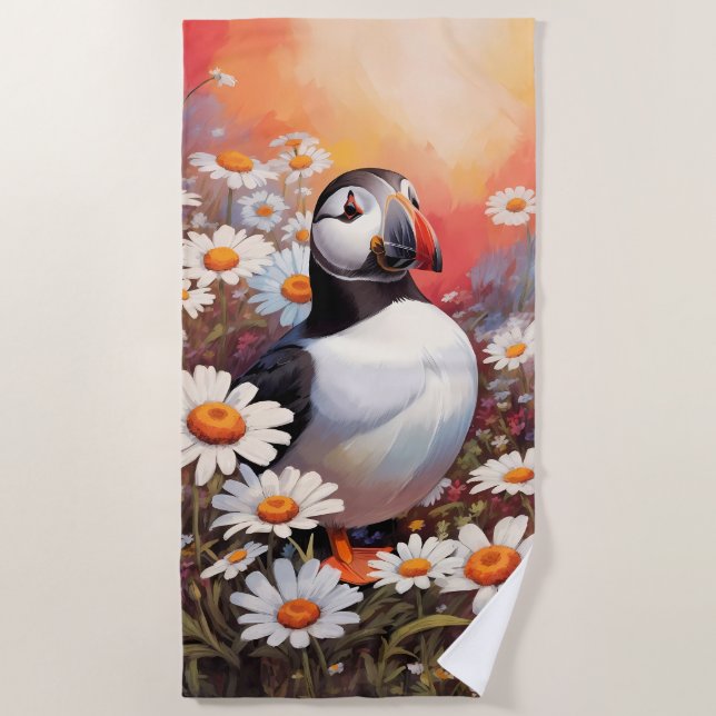 Toalha De Praia Belo Puffin Em Daisy Field (Frente)