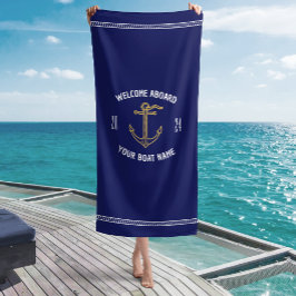 Toalha De Praia Bem-vindo a bordo personalizado Nome do barco Azul