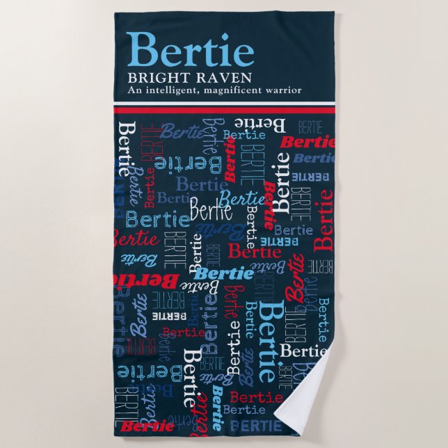 Toalha De Praia  Bertie personalized name meaning red blue white (Frente)