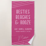Toalha De Praia Besties Rosa Beaches Booze Girls Trip Personalizad<br><div class="desc">Toalha de praia personalizada, rosa-quente, com citação divertida de meninas "Besties Beaches & Booze" - ou qualquer texto personalizado - com nome, localização, ocasião e data personalizados com faixas diagonais e uma letra de assinatura casual de tendência. Mude as cores e as fontes para tudo o que você quiser e...</div>