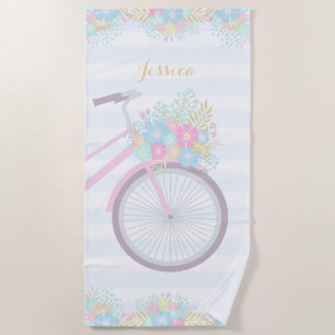 Toalha De Praia Bicicleta Floral Monograma Banhas Pastel Azul Rosa