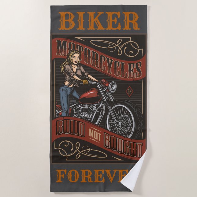 Toalha De Praia Biker Forever Custom Motorcycle Babe (Frente)