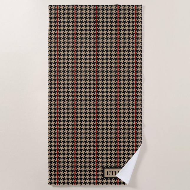 Toalha De Praia Black Houndstooth Clássico, Tan & Red Beach Towel (Frente)