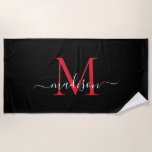 Toalha De Praia Black Red Burgundy Monograma Feminine Script Girly<br><div class="desc">Monograma Vermelho Negro Elegante Monograma Feminino Girly Script Beach Towel</div>
