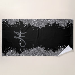 Toalha De Praia Black Silver Glitter Grey Modern Monogram