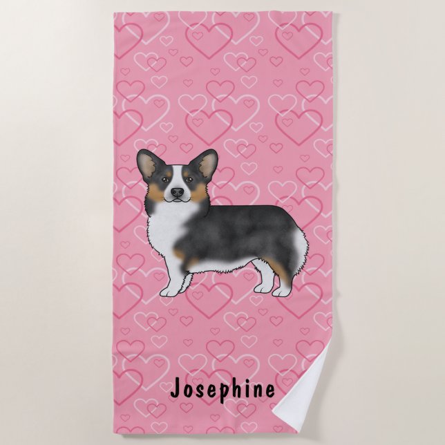 Toalha De Praia Black Tri Pembroke Welsh Corgi Hearts Com Nome (Frente)