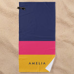 Toalha De Praia Bloco de Cor Amarelo Azul Vibrante<br><div class="desc">Na moda e toalha vibrante de praia com um design de bloco colorido de cores azul escuro, rosa e amarela. Personalize-o substituindo o texto do marcador de posição. Para obter mais opções, como alterar a fonte e seu tamanho/cor ou o espaçamento entre letras, clique no botão "Personalizar". *Observe que a...</div>