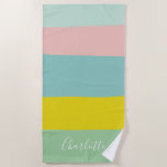 Toalha De Praia Bloco de Cor Pastel Personalizado Listra de Verão<br><div class="desc">Esta toalha pastel ousada e alegre apresenta blocos de cor horizontais largos em menta, rosa, aqua, amarelo sol e sage. Personalizada com um nome em escrita elegante, é perfeita para dias de praia, descanso na piscina ou viagens de verão. Uma toalha de praia divertida e elegante para crianças, adolescentes ou...</div>