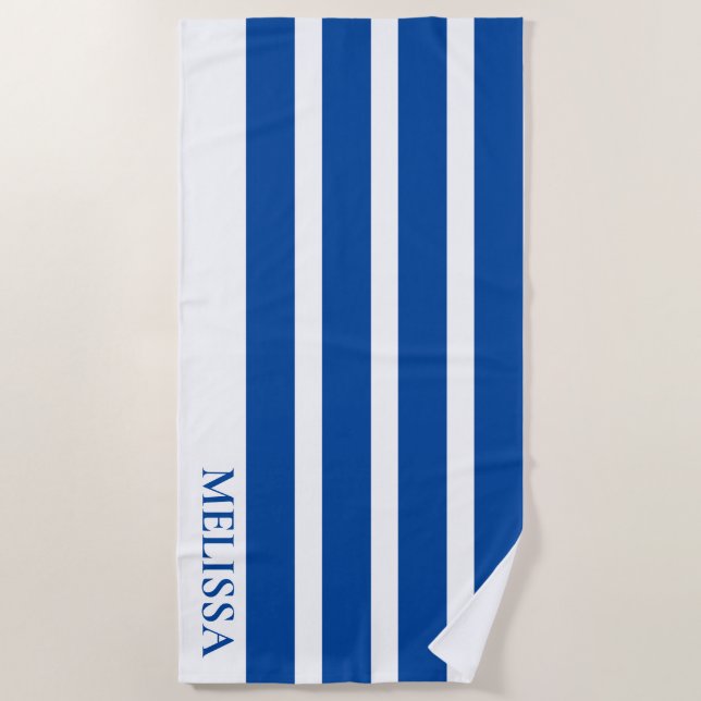 Toalha De Praia Blue And White Cabana Stripe Personalized Name   (Frente)