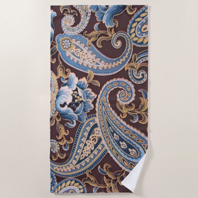 Toalha De Praia Blue Brown Vintage Paisley New (Frente)