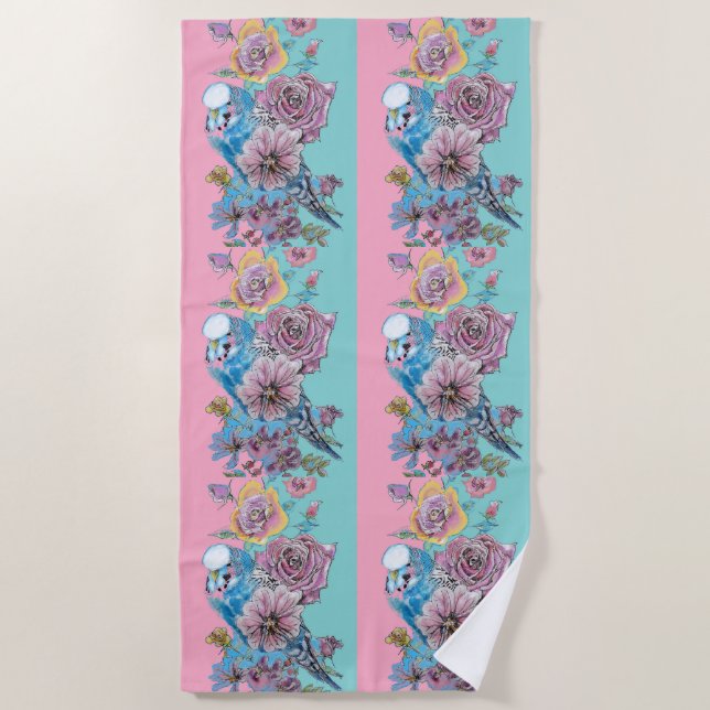 Toalha De Praia Blue Budget & Rosa Floral Budgerigar Birds (Frente)