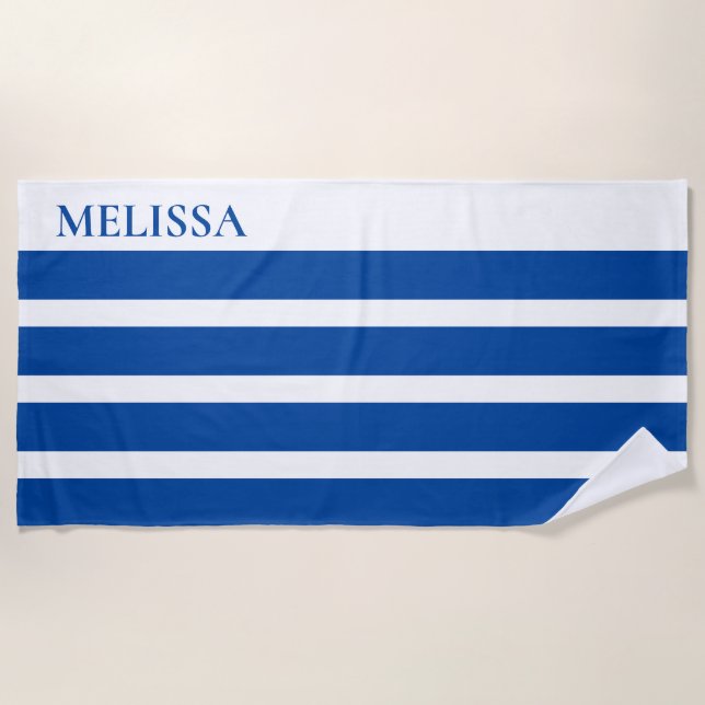 Toalha De Praia Blue Cabana Stripe Personalized Summer Vacation (Frente)