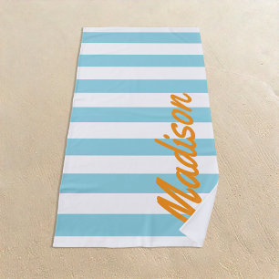 Toalha De Praia Blue Cabana Stripes Retro Monograma