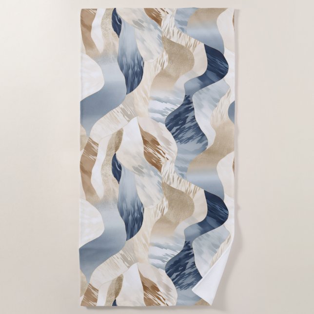 Toalha De Praia Blue Cream Ivory Abstrato Waves Beach (Frente)