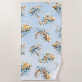 Toalha De Praia Blue Watercolor Dourado Koi Fish Floral