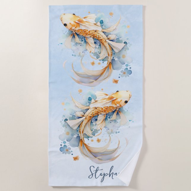 Toalha De Praia Blue Watercolor Dourado Peixe Koi Personalizado (Frente)