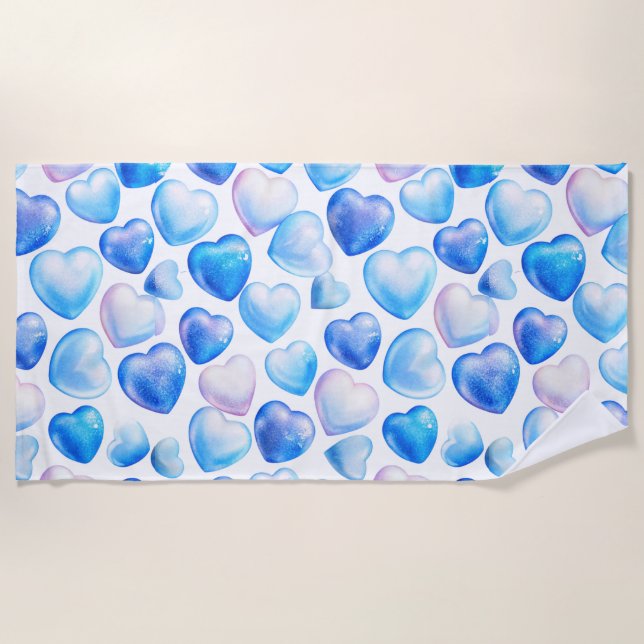 Toalha De Praia "Blue Watercolor Heart Beach Towel" (Frente)