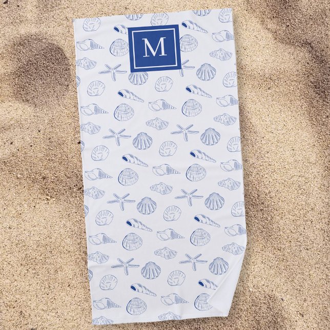 Toalha De Praia Blue White Mand Drawn Sea Shels Beach Summer (Blue White Hand Drawn Sea Shells Beach Summer Beach Towel)