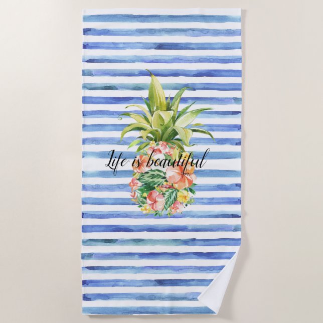 Toalha De Praia Blue White Stripes Tropical Floral Pineapple (Frente)