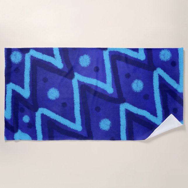 Toalha De Praia Blue Zig Zags Dots Funky Pattern  (Frente)
