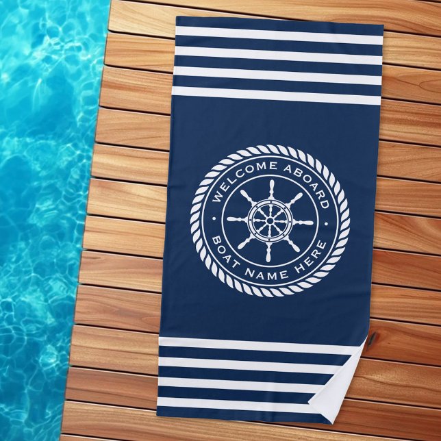 Toalha De Praia Boas-vindas a bordo do nome do barco rope náutico  (Welcome aboard boat name rope nautical ship wheel beach towel)