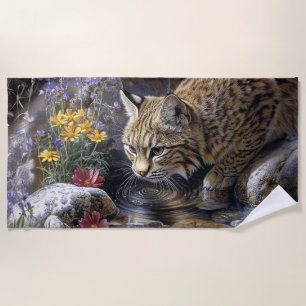 Toalha De Praia Bobcat com flores silvestres Arte cônica