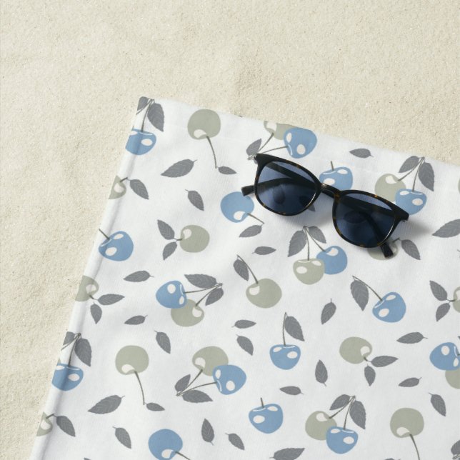 Toalha De Praia Boho Beach Cherries - sage blue fruit pattern. (In Situ)